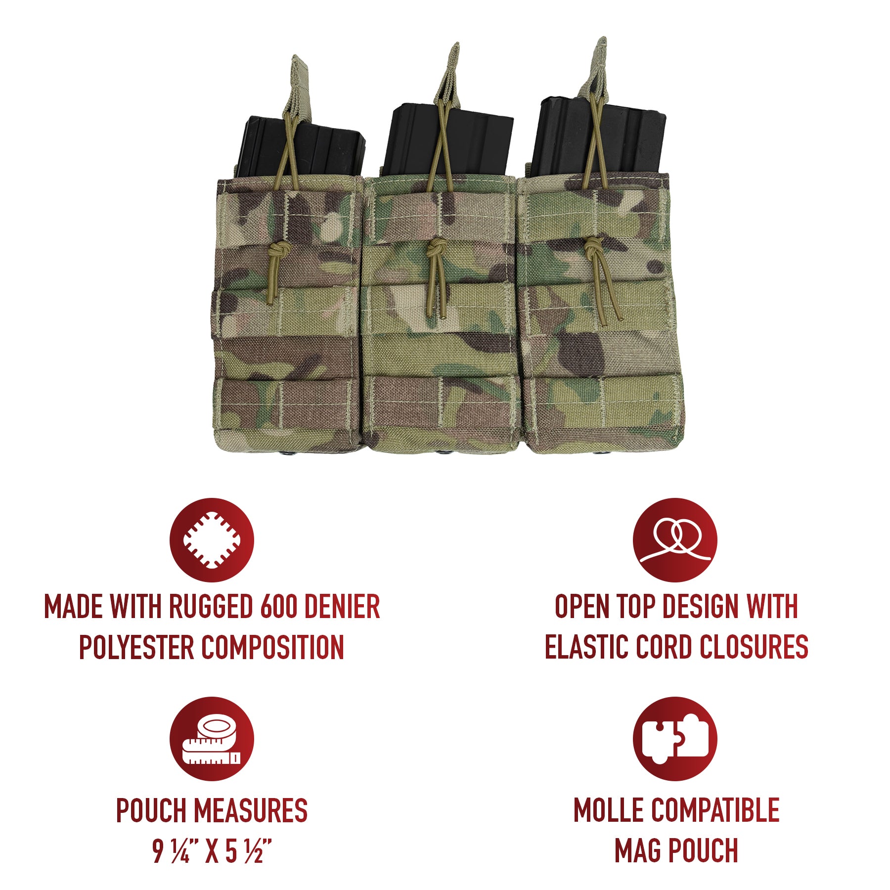 The open-top design with elastic cord closures enables rapid reloading during critical moments. Constructed from rugged 600 Denier polyester, this pouch withstands the rigors of outdoor environments and tactical operations, ensuring long-lasting performance. Its compact dimensions, measuring 9 ¼ inches X 5 ½ inches, provide high-capacity storage without adding unnecessary bulk. www.defenceqstore.com.au