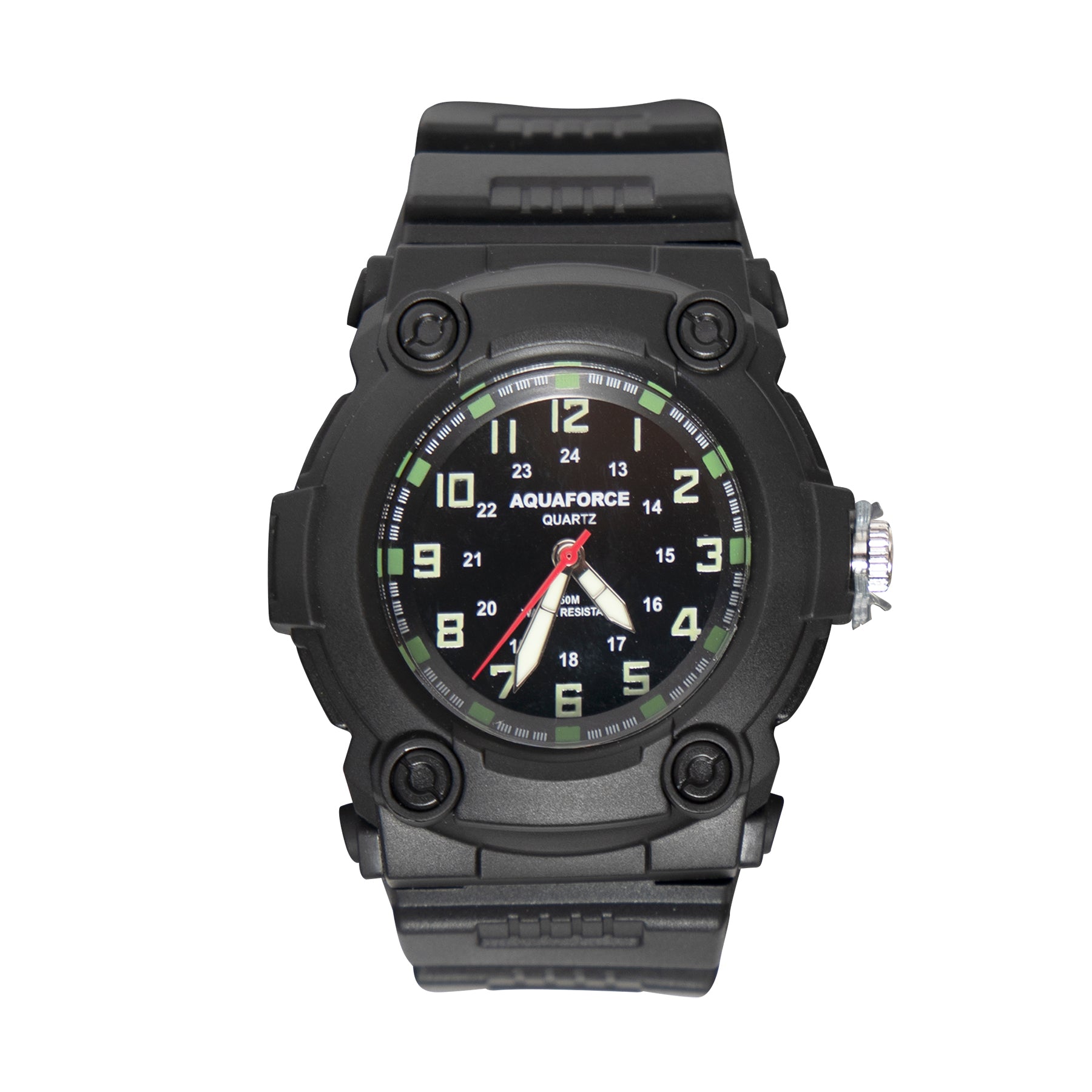 The Aquaforce Combat Watch is a rugged, versatile and comfortable military watch that will add style to your uniform. The combat watch features Quartz movement, luminous hands, and an hour maker all attached to a rubber adjustable wrist strap. “AQUAFORCE QUARTZ” is written in white in the center of the face. The Watch is water resistant up to 50m, making it perfect for underwater activities. www.defenceqstore.com.au