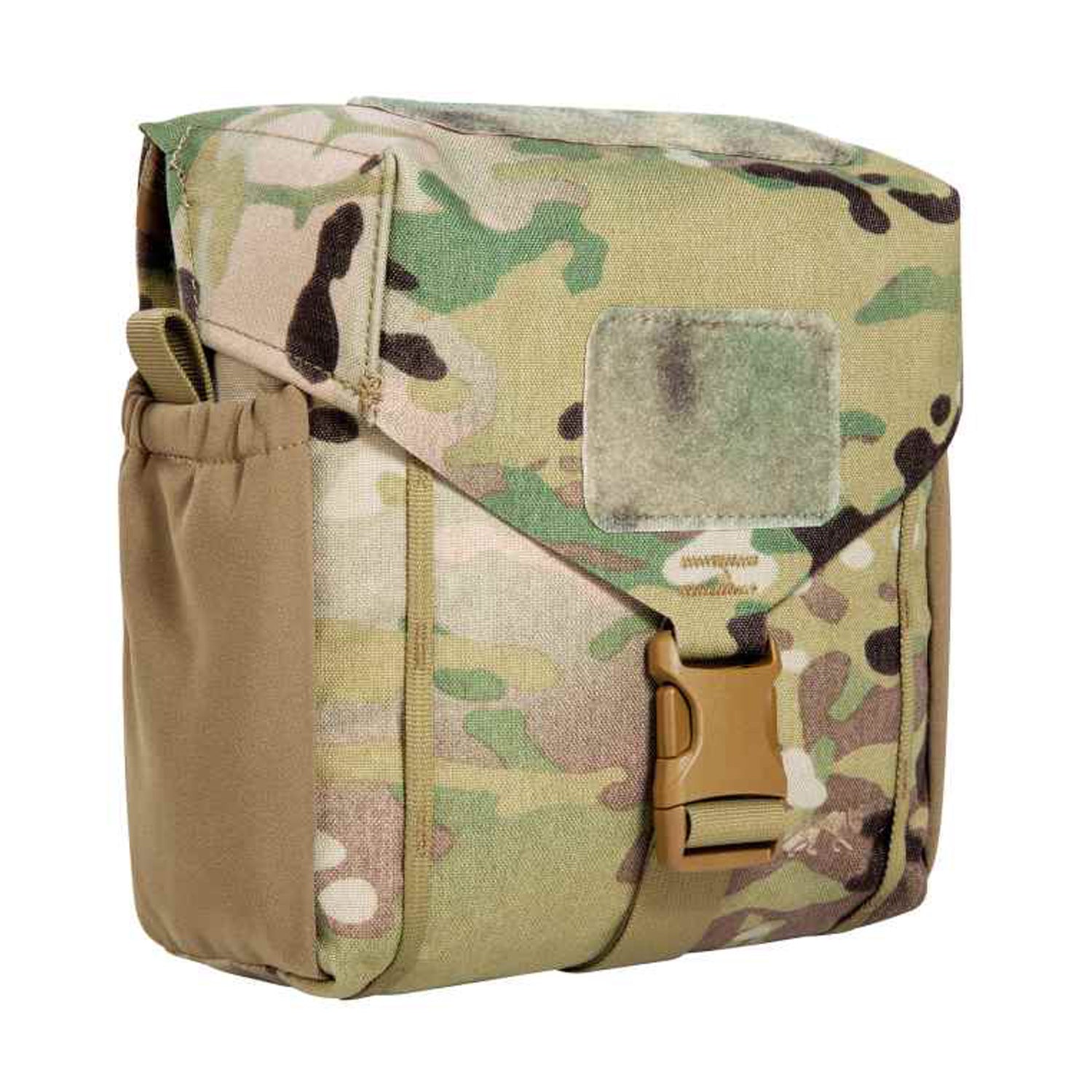 Accessory pouch for canteen and cutlery with MOLLE reverse system. The TT Canteen Pouch MKIII MC has two elastic side pockets and MOLLE hook-and-loop as well as elastic loops on the inside to secure a canteen and cutlery. www.defenceqstore.com.au