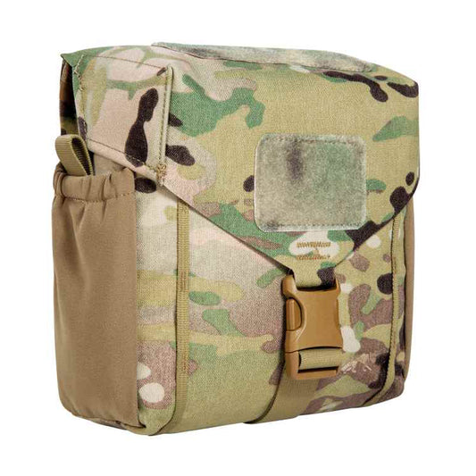 Accessory pouch for canteen and cutlery with MOLLE reverse system. The TT Canteen Pouch MKIII MC has two elastic side pockets and MOLLE hook-and-loop as well as elastic loops on the inside to secure a canteen and cutlery. www.defenceqstore.com.au