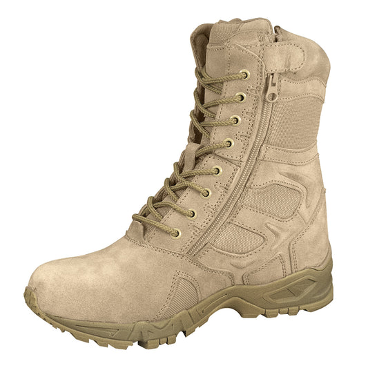 Experience unmatched comfort and efficiency with Rothco's Forced Entry 8-inch Deployment Boots. These boots combine the comfort of a running shoe with the durability of an active-duty boot. The mountaineer rubber outsole enhances traction for smooth movement. Save time with the side zipper closure and hook-and-loop tab, eliminating the need to tie and untie laces. The rustproof eyelet lace system keeps your tactical boots securely in place. www.defenceqstore.com.au