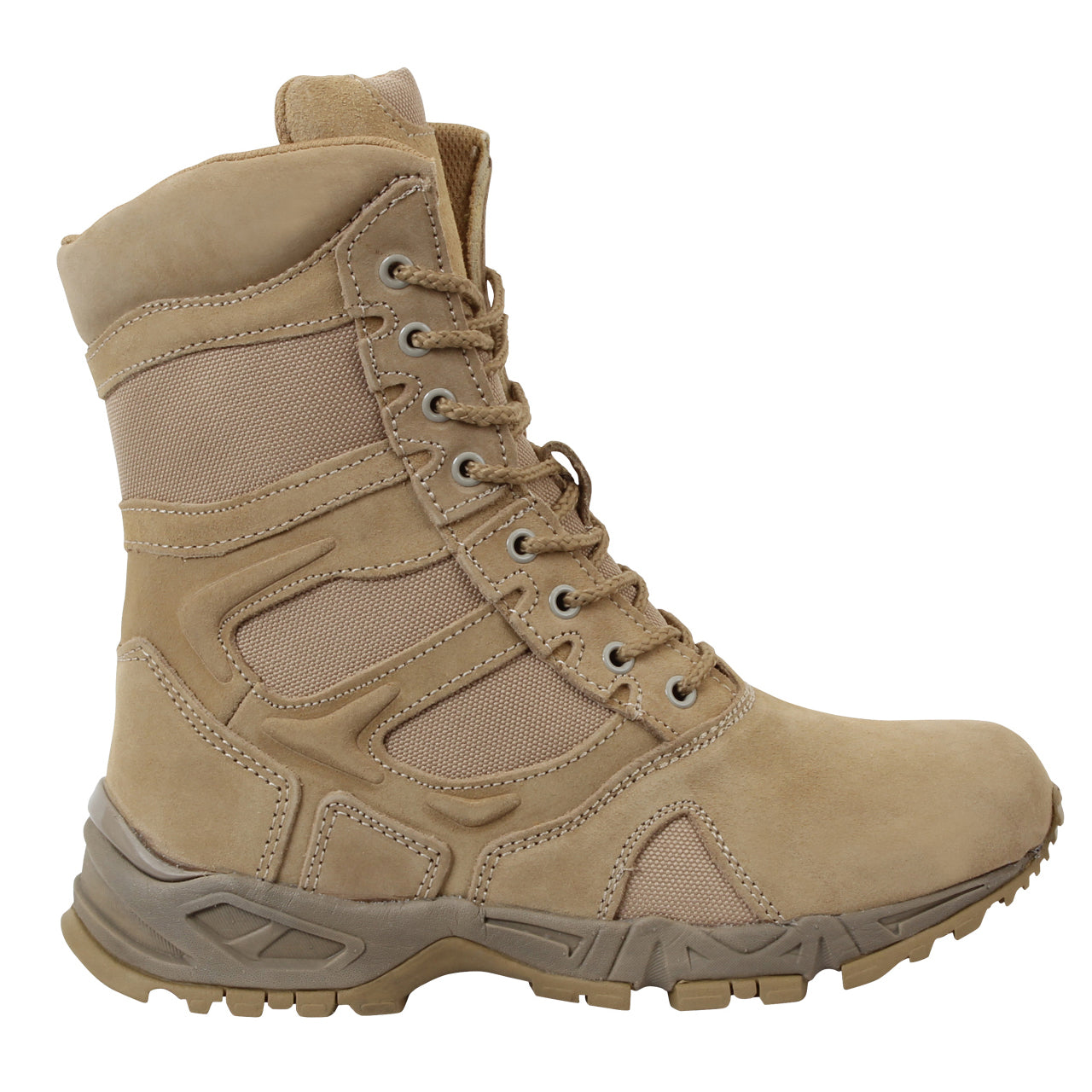 Experience unmatched comfort and efficiency with Rothco's Forced Entry 8-inch Deployment Boots. These boots combine the comfort of a running shoe with the durability of an active-duty boot. The mountaineer rubber outsole enhances traction for smooth movement. Save time with the side zipper closure and hook-and-loop tab, eliminating the need to tie and untie laces. The rustproof eyelet lace system keeps your tactical boots securely in place. www.defenceqstore.com.au