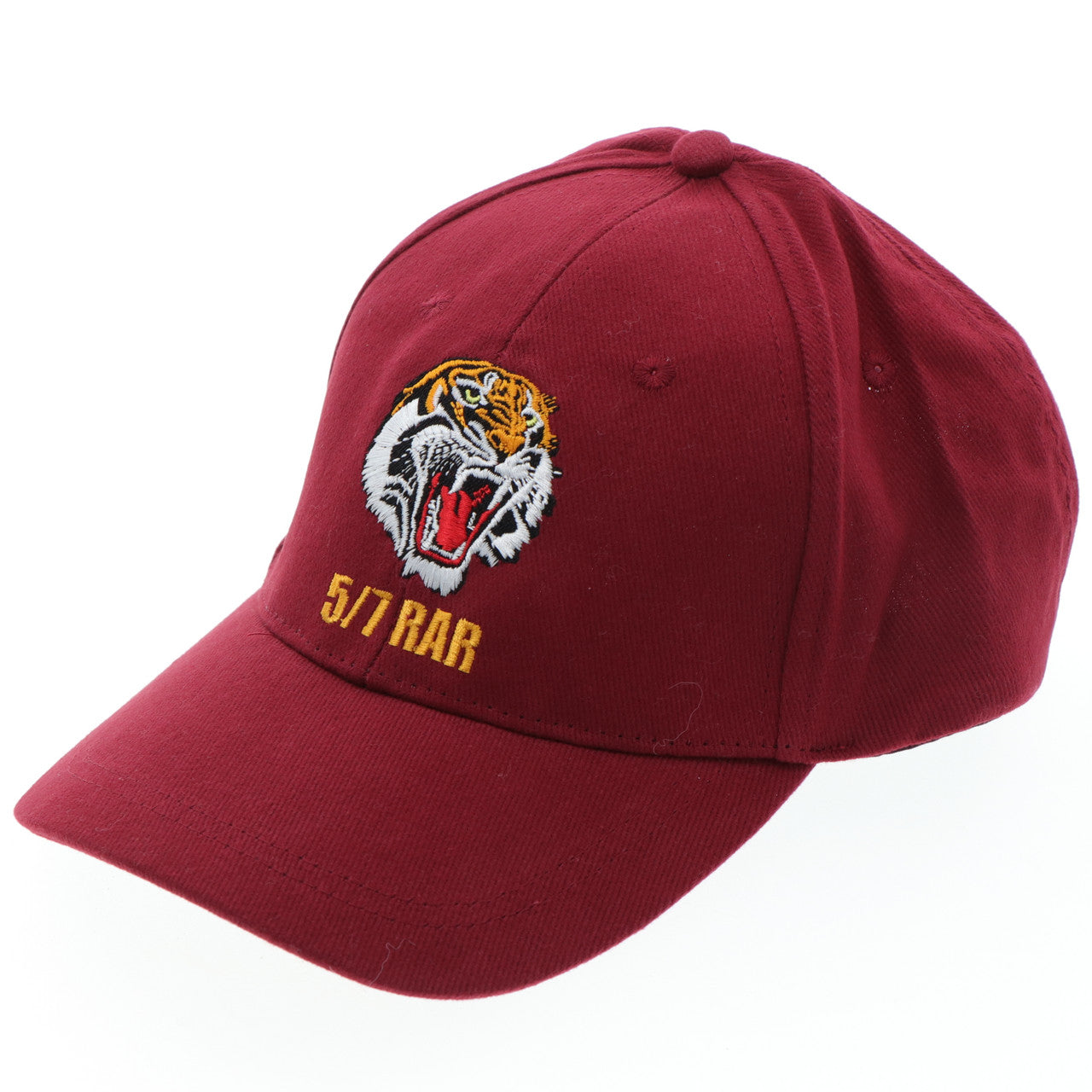 5/7 Battalion Royal Australian Regiment cap. This quality heavy brushed cotton cap features 5/7RAR embroidered on the front of the cap below the roaring tiger on the cap front. This maroon cap is one size fits most with an adjustable Hook-and-loop strap on the back. www.defenceqstore.com.au