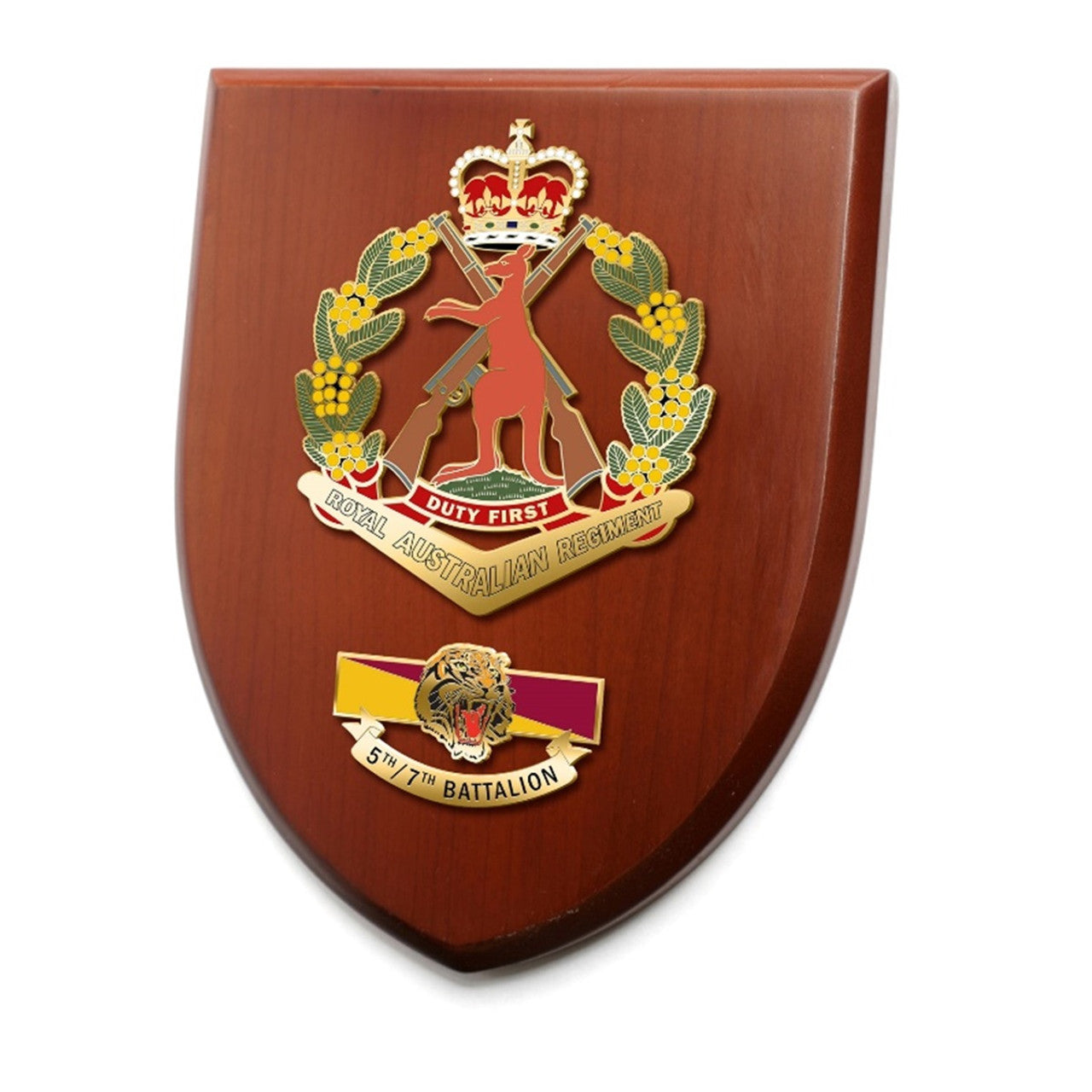 The Exceptional 5/7 Battalion Royal Australian Regiment (5/7 RAR) Plaque is a truly remarkable piece that will leave a lasting impression. This exquisite plaque showcases a 2 part full colour enamel design, elegantly displayed on a 200x160mm timber finish shield. www.defenceqstore.com.au