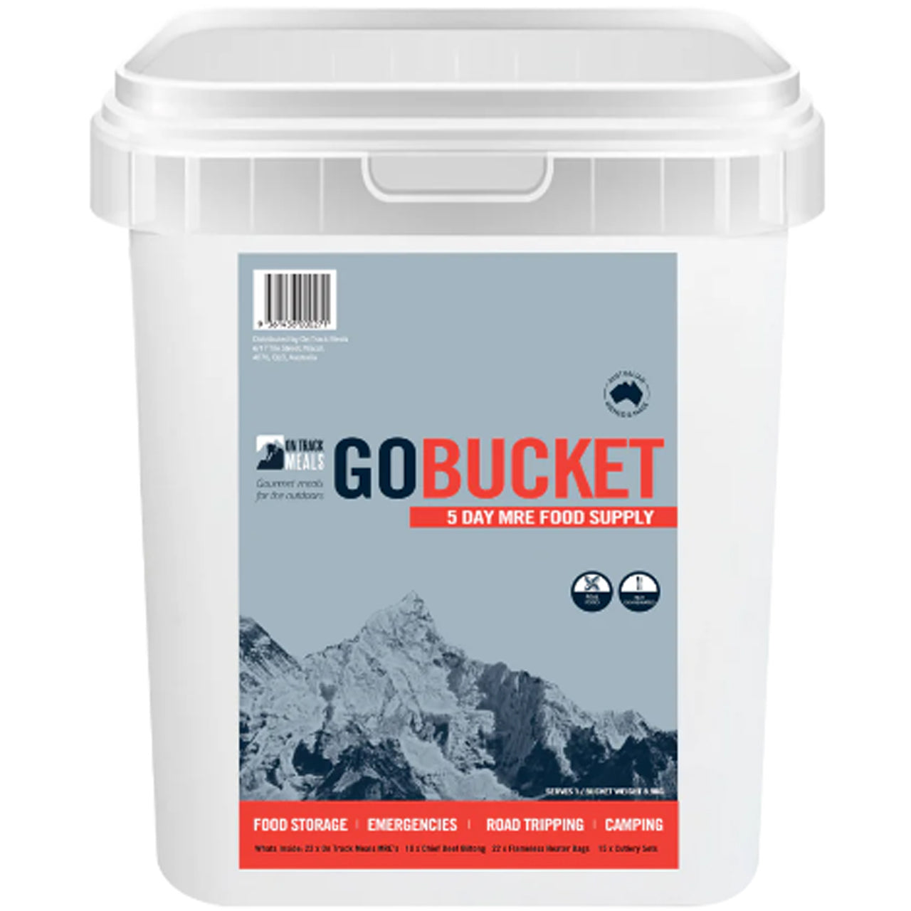 The&nbsp;GoBucket&nbsp;is a complete, ready-to-go 5-day food supply kit designed to meet your needs in emergencies, outdoor adventures, road trips, and camping. With a variety of gourmet MREs and essential extras, this bucket ensures you're well-fed and prepared wherever life takes you. www.defenceqstore.com.au