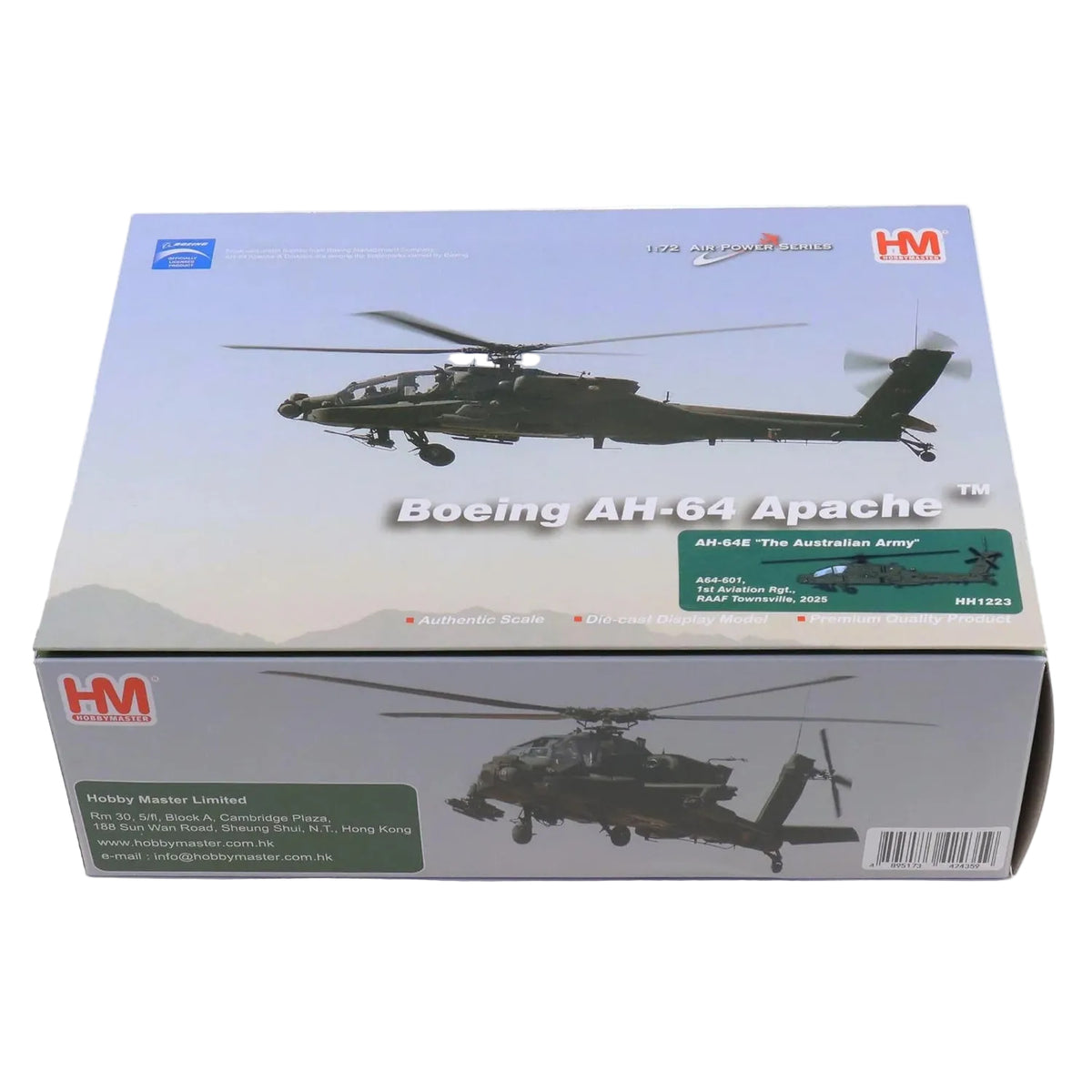 1/72 AH-64E Australian Army A64-601 1st Aviation Rgt. RAAF Townsville 2025 delivers a detailed ready-made display model for collectors of modern military aircraft and Australian Army aviation. www.defenceqstore.com.au