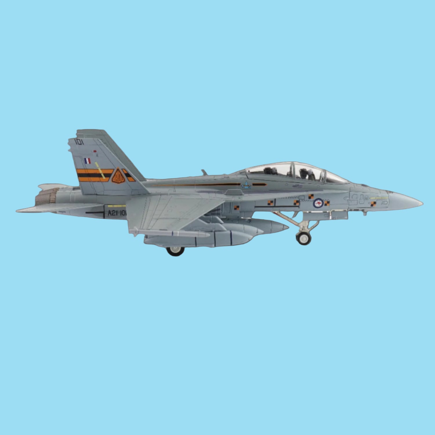 Dominate your display with this formidable 1/72 scale F/A-18B Hornet from Hobby Master, showcasing the legendary ARDU test aircraft A21-101 armed with two AGM-158 missiles. www.defenceqstore.com.au