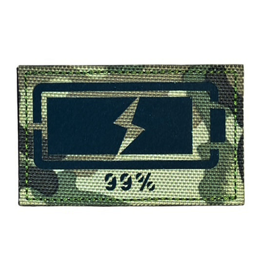 Make a bold statement with the 99% Battery Laser Cut Multicam Patch. This striking 8x5cm patch features laser-cut precision detailing that demands attention. Backed with both hook and loop fasteners, it's ready to attach to tactical gear, backpacks, or uniforms instantly. www.defenceqstore.com.au