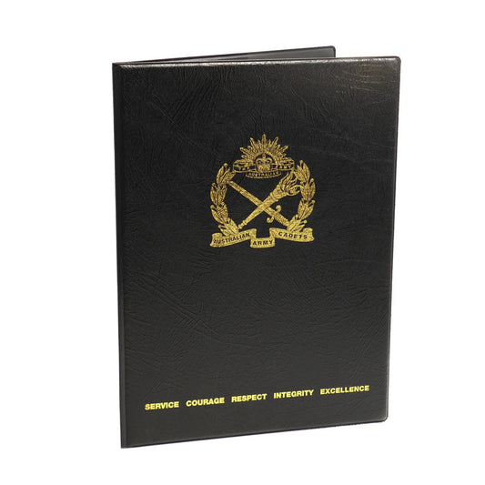 The Black Heavy Grain Leather Look Certificate Folder is a sleek and sophisticated folder designed to keep your important certificates and documents safe and organised. Made with a high-quality leather look material, it exudes elegance and professionalism. www.defenceqstore.com.au