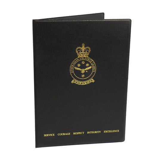 The Black Heavy Grain Leather Look Certificate Folder is a sleek and sophisticated folder designed to keep your important certificates and documents safe and organised. AAFC www.defenceqstore.com.au