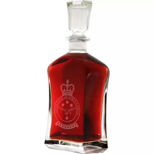 Indulge in the striking design of the 750ml AAFC Italian Glass Decanter, featuring the prestigious Australian Air Force Cadet crest etched into its elegant form. A must-have for any collector or bar enthusiast, this high-quality decanter will add a touch of sophistication to your display. www.defenceqstore.com.au