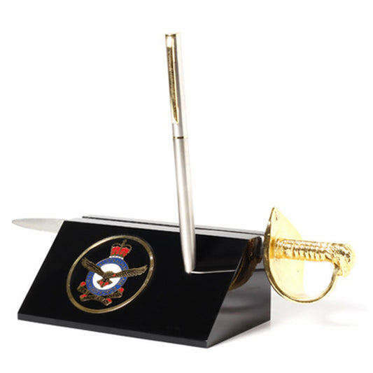 Air Force Medallion in a stylish acrylic desk stand with a quality pen and Air Force sword letter opener. Presented in a silver gift box with a clear lid, this is the perfect gift to put on the desk at work or at home.