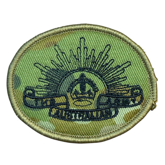 AMCU Kings Crown Australian Army Rising Sun Biscuit Shoulder Patch&nbsp;

Plain backed

6.5cmx4.7cm

Plain Backed for uniforms www.defenceqstore.com.au