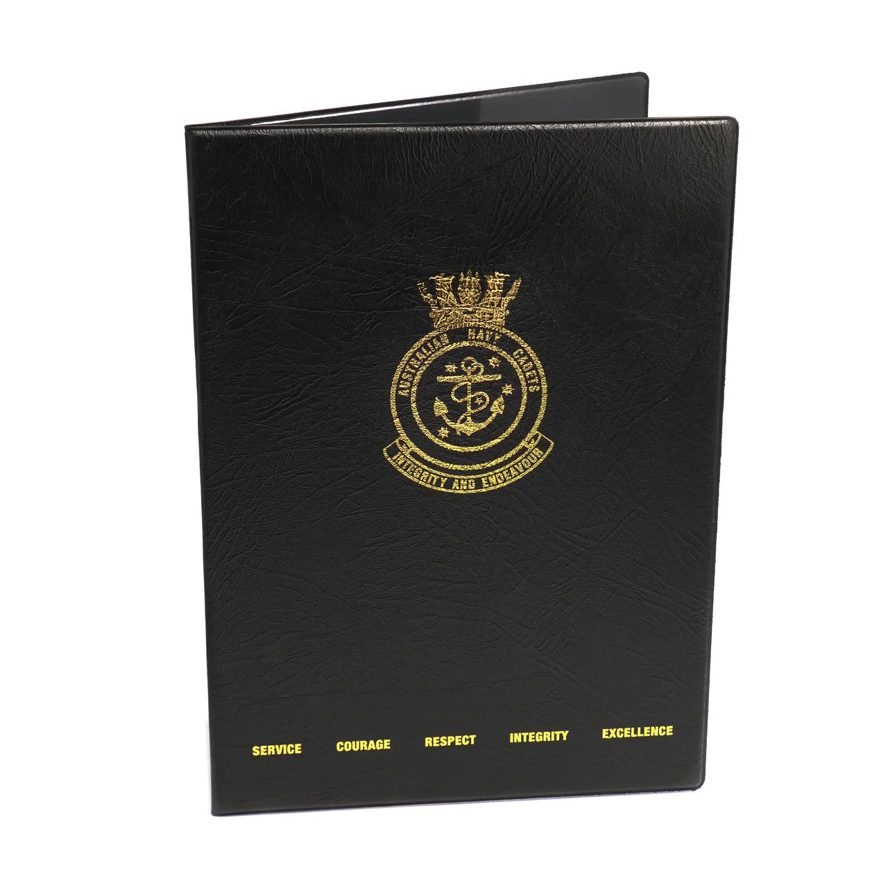 The Australian Navy Cadets and values are beautifully printed in gold foil, adding a touch of luxury to this already impressive folder. Stay organised and make a statement with our Black Heavy Grain Leather Look Certificate Folder. ANC www.defenceqstore.com.au