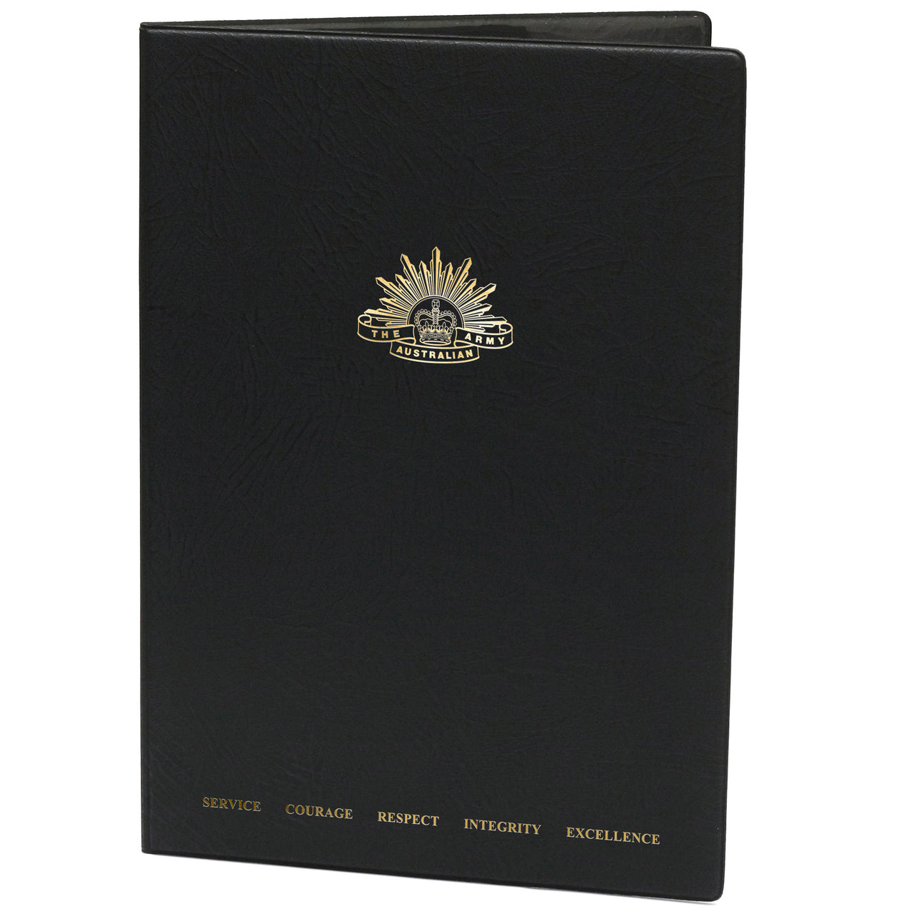 Black heavy grain leather look certificate folder with two plastic pockets on the inside cover  Army logo on the front cover www.defenceqstore.com.au