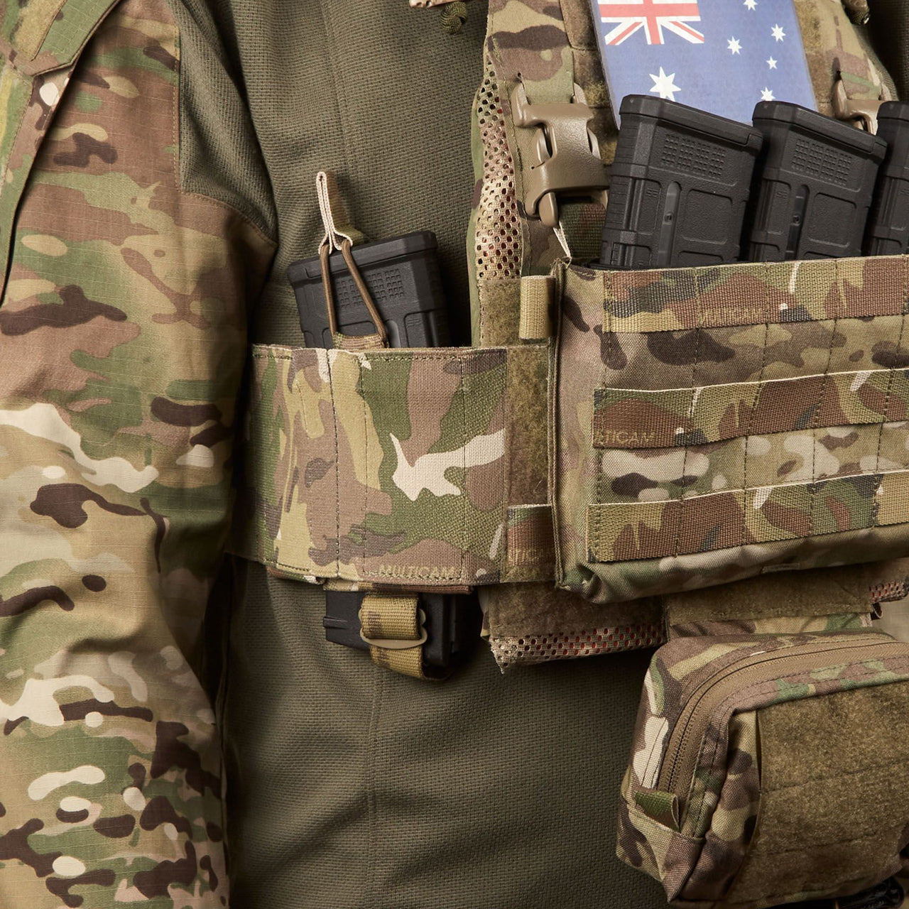 The ASAD Elastic Side Wings are designed to attach to the front or back Velcro area of your plate carrier under your cummerbund to boost carrying capacity without adding weight, they will accept various radios, up to two M4 magazines, a smoke grenade, medical items or similar sized objects. www.defenceqstore.com.au wing showing on vest