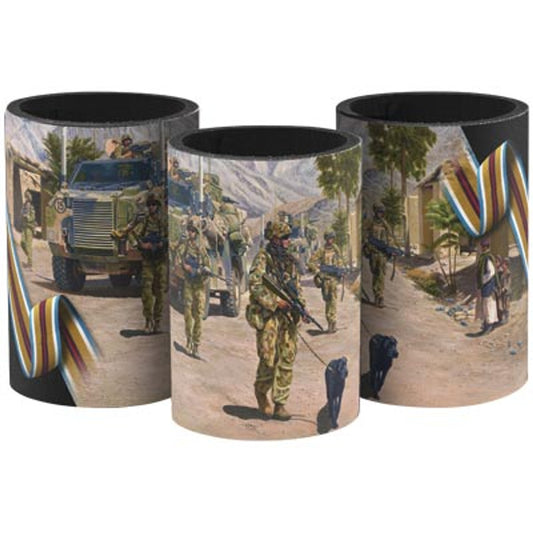 The exceptional Afghanistan Campaign Artwork Drink Cooler is a must-have for military enthusiasts. Designed with neoprene material, this drink cooler features the stunning artwork of military artist Barry Spicer. Wrap your drink in style and show your support for the troops. Fits standard bottles and cans. www.defenceqstore.com.au