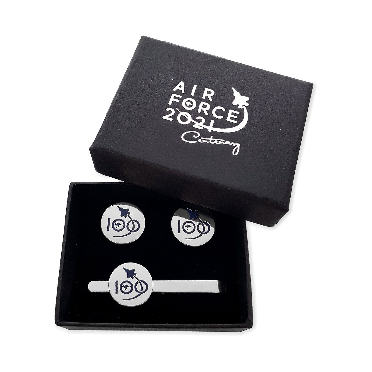 This beautiful and elegant tie bar and cuff link set is the perfect accessory for work or special functions. Designed to be both functional and stylish, the tie bar and cuff links feature the Air Force 100 logo www.defenceqstore.com.au