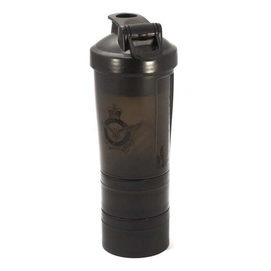 Introducing the Air Force Protein Shaker - a versatile and leak proof solution that combines a shaker with a storage compartment. Mix your shakes on the go and enjoy a smooth and precise blend every time, thanks to the included whisk ball and convenient measurement guide. www.defenceqstore.com.au