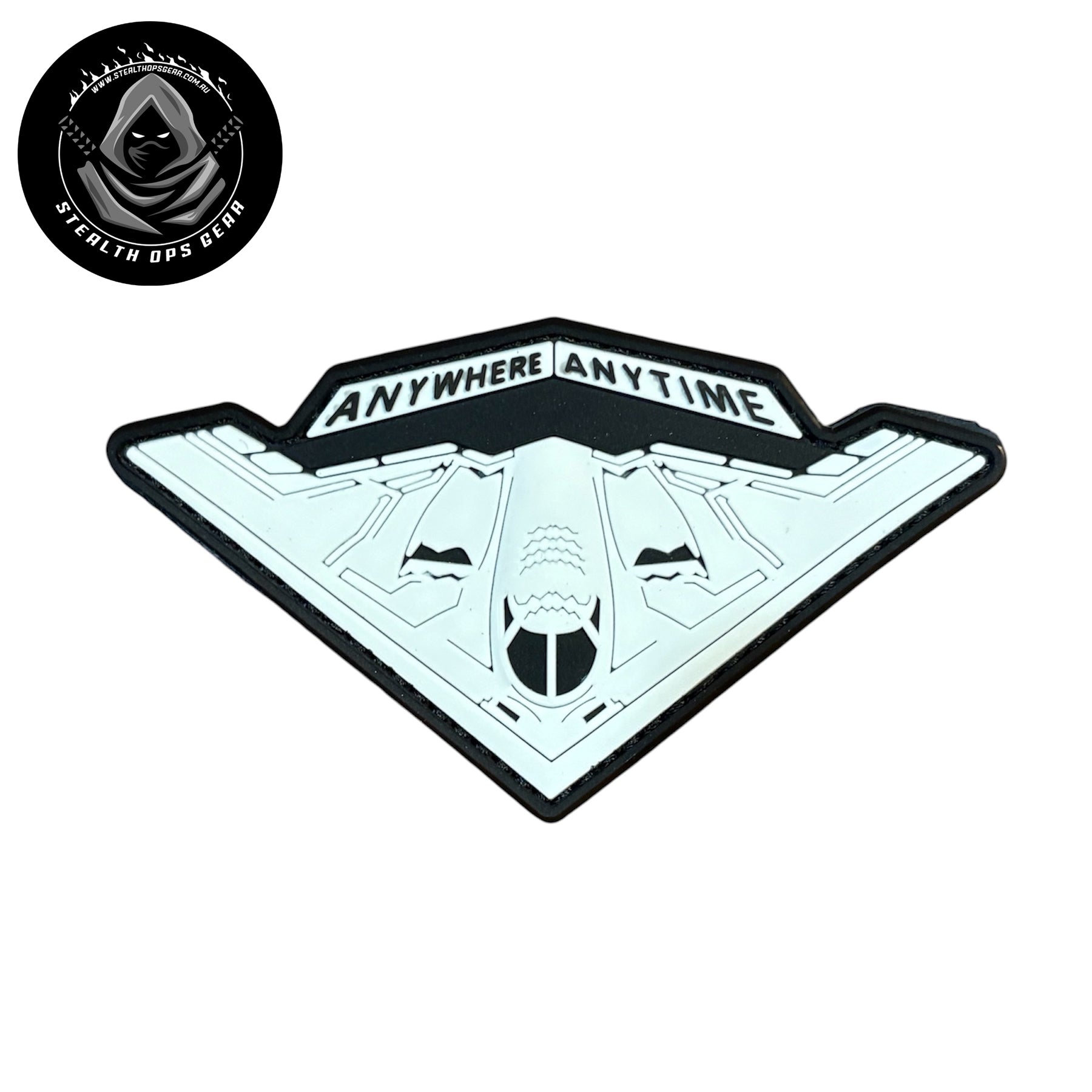 USAF B-2 Spirit Strategic Stealth Bomber Anywhere Anytime Morale PVC - Stealth Ops Gear. This bold PVC morale patch delivers attitude and authenticity to your tactical gear, backpack, or everyday carry. www.defenceqstore.com.au