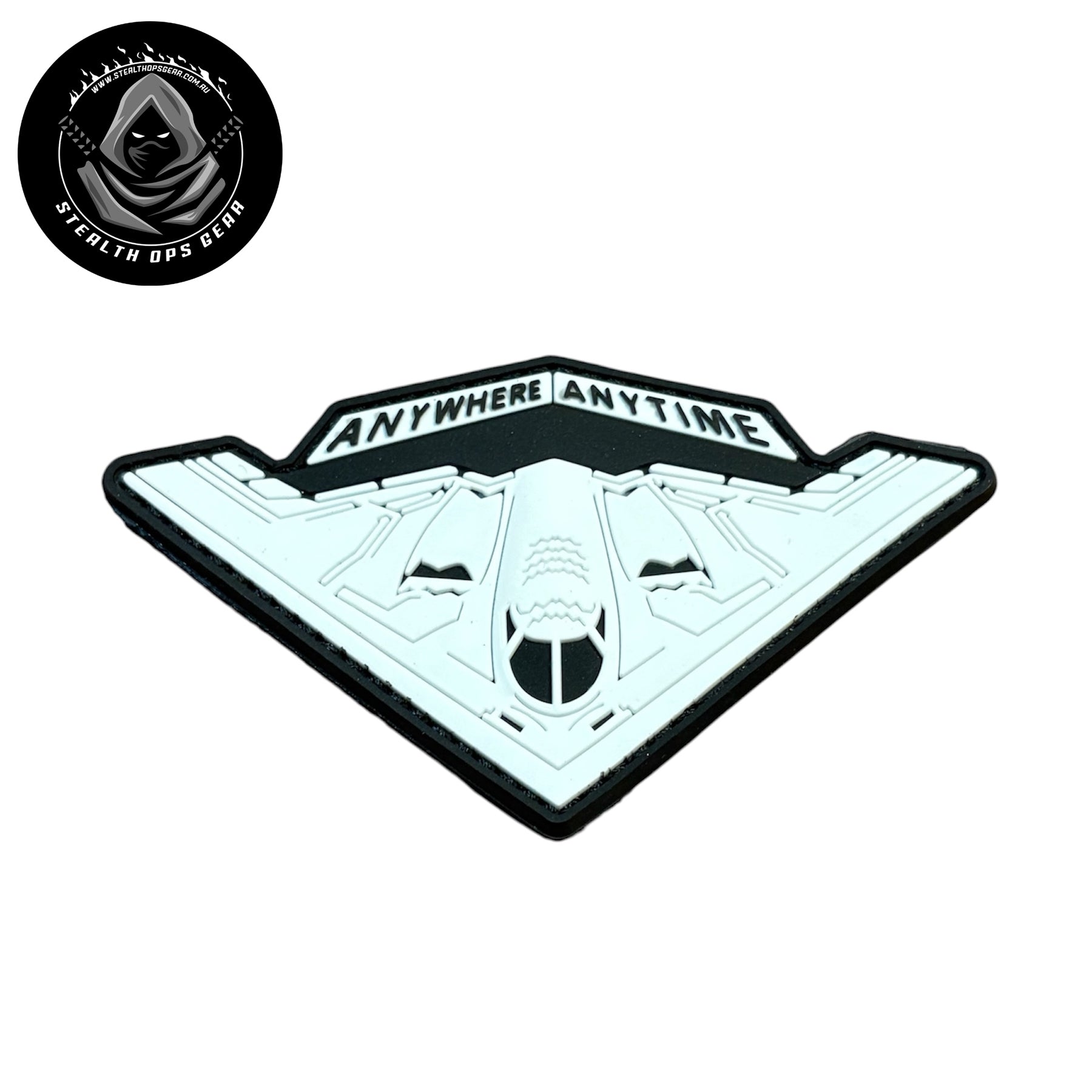 USAF B-2 Spirit Strategic Stealth Bomber Anywhere Anytime Morale PVC - Stealth Ops Gear. This bold PVC morale patch delivers attitude and authenticity to your tactical gear, backpack, or everyday carry. www.defenceqstore.com.au