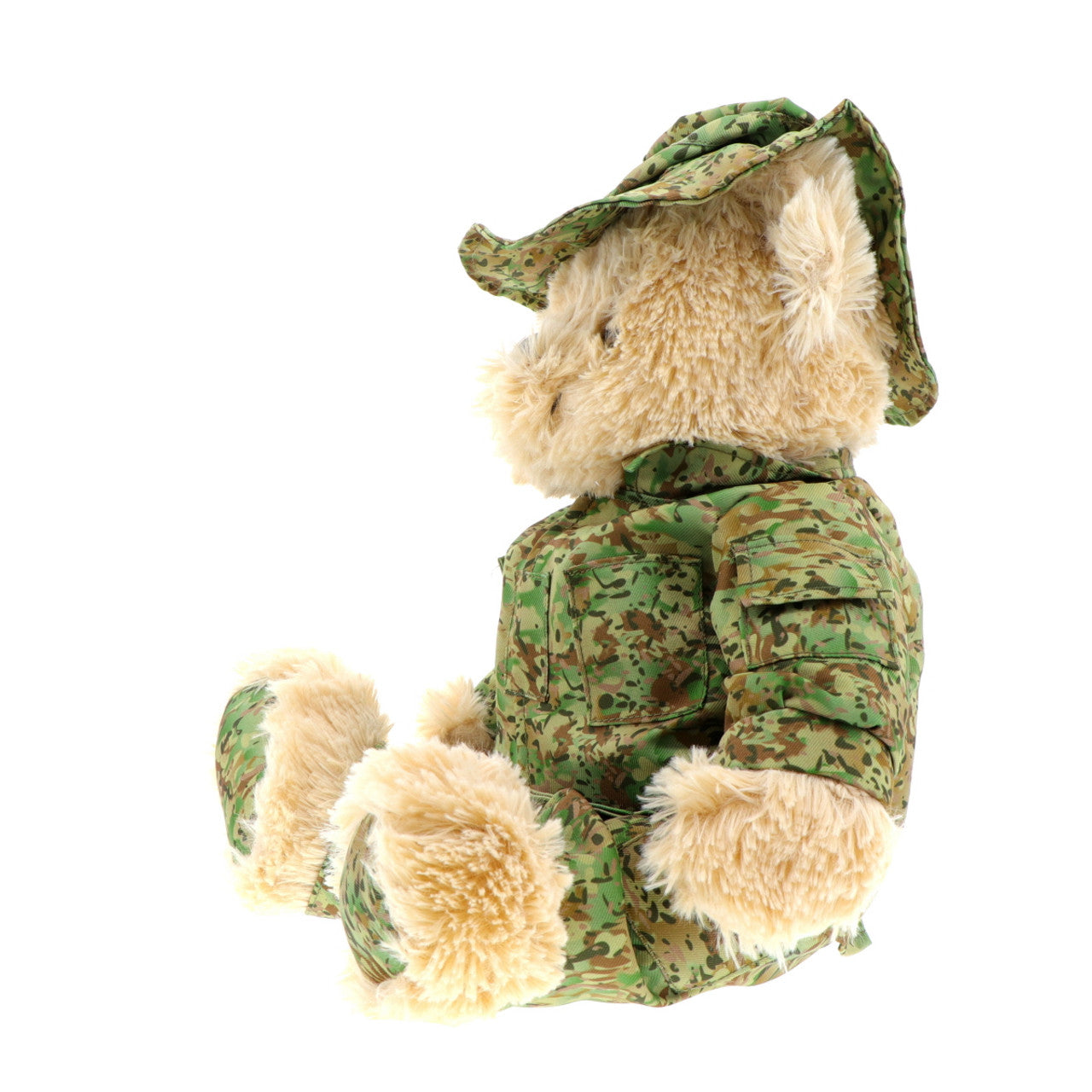 Treasure a symbol of courage and strength with this gorgeous 40cm Australian Army bear. Perfect as a comforter or to bring a smile to adults and children alike, this bear is as luxuriously cuddly as it is full of patriotic pride. Cherish the cutest Aussie Army bear around today! www.defenceqstore.com.au  side view left