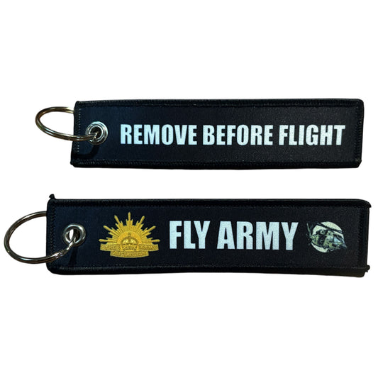Keep your keys secure and add a touch of military pride with this authentic Army Key Tag. Featuring bold embroidered Army insignia with Blackhawk Helicopter image and the iconic "Remove Before Flight" wording, it's a practical accessory that makes a statement. www.defenceqstore.com.au