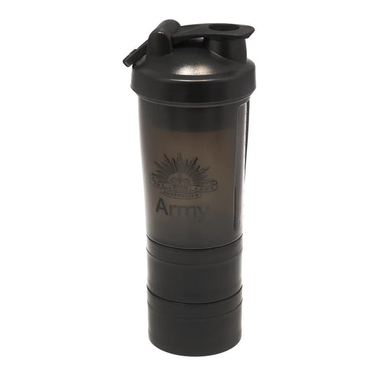 Introducing the Army Protein Shaker - a versatile and leak proof solution that combines a shaker with a storage compartment. Mix your shakes on the go and enjoy a smooth and precise blend every time, thanks to the included whisk ball and convenient measurement guide. www.defenceqstore.com.au