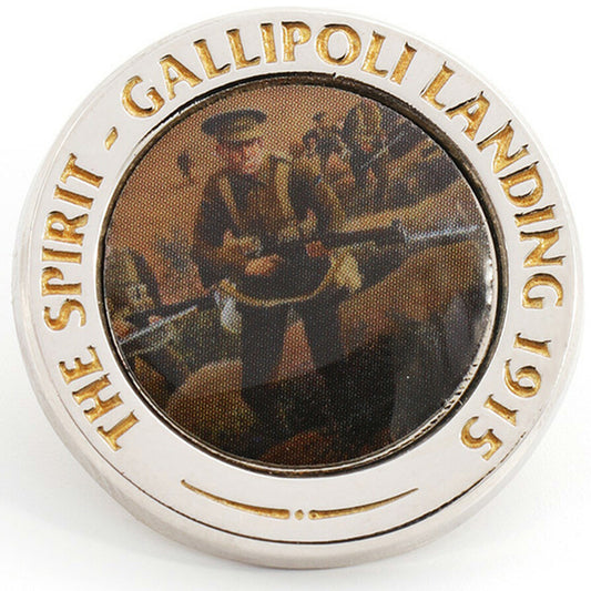 A beautiful lapel pin commemorating the spirit of the Anzacs as they landed on the beaches that fateful morning. Featuring a close-up of the artwork The Spirit - Gallipoli Landing 1915 by renowned military artist David Rowland, this beautiful lapel pin is a striking way to display the Anzac spirit and a unique addition to any lapel or coat. www.defenceqstore.com.au