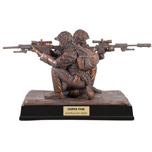 The Limited Edition 'Australian Army Sniper Pair' figurine is a tribute to the skilled marksmen who have played a vital role in Australian military history. www.defenceqstore.com.au