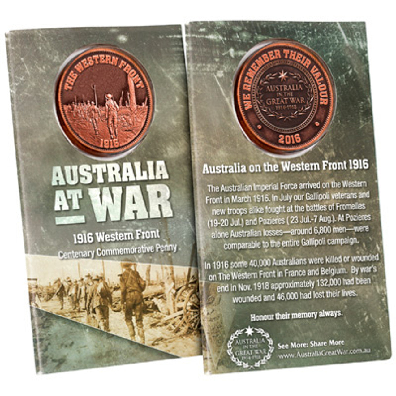 The Spectacular 32mm oxidised brass penny is a remarkable piece of history presented in a blister pack with an information card. This penny commemorates the bravery and sacrifice of the Australian Imperial Force during World War I. www.defenceqstore.com.au