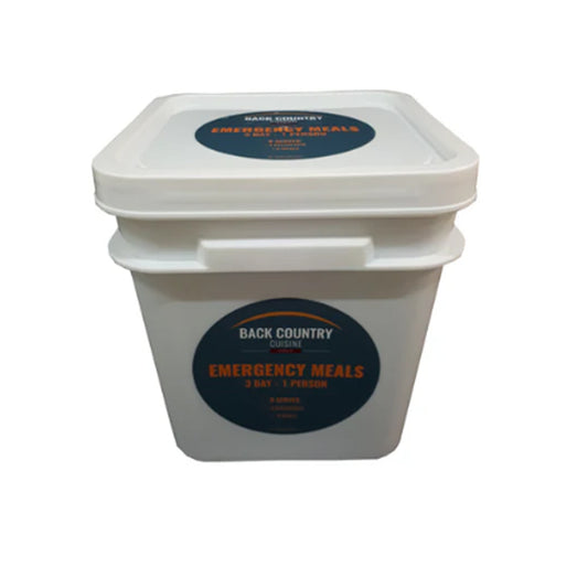 Each bucket comes with a breakfast, lunch and a dinner meal. The meals are our small meals so they don’t take up too much space and will get you through the emergency. www.defenceqstore.com.au