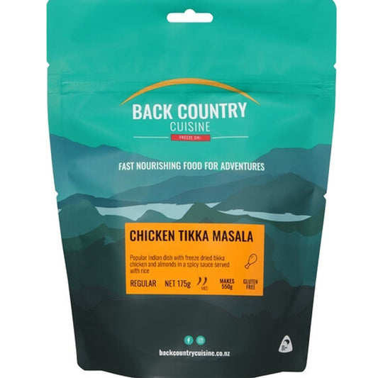 Indulge in the flavorful experience of a classic Indian dish with our Back Country Cuisine Freeze Dried Meal Chicken Tikka Masala. Tender tikka chicken and crunchy almonds are perfectly combined in a fiery, aromatic sauce and served with a hearty portion of rice. Take your taste buds on a journey and savor every bite! www.defenceqstore.com.au