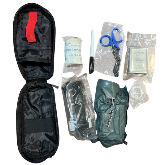 The Basic Combat Trauma Kit With Black Pouch Bundle is for emergency treatment for one person in case of injury. www.defenceqstore.com.au