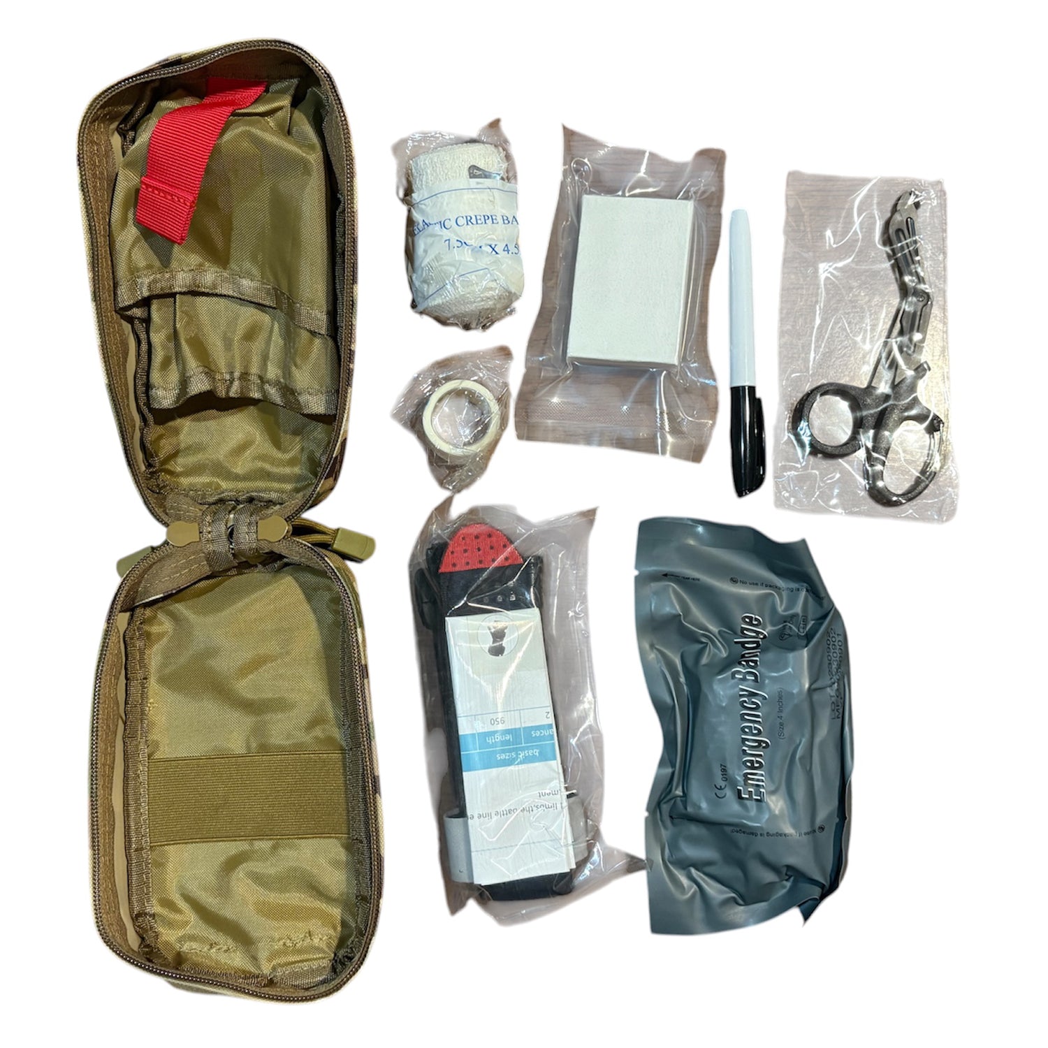 The Basic Combat Trauma Kit With Multicam Pouch Bundle is for emergency treatment for one person in case of injury. www.defenceqstore.com.au