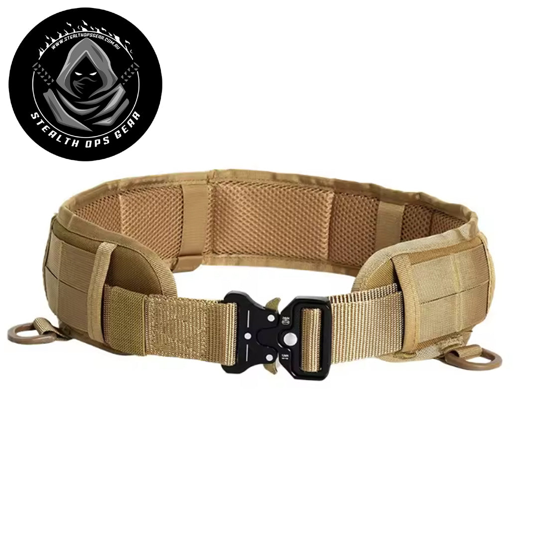The Stealth Ops Gear Battle Belt in Coyote combines comfort and durability for demanding tactical use. Its padded section measures 77cm by 8cm, providing cushioning that reduces fatigue during extended wear.  www.defenceqstore.com.au
