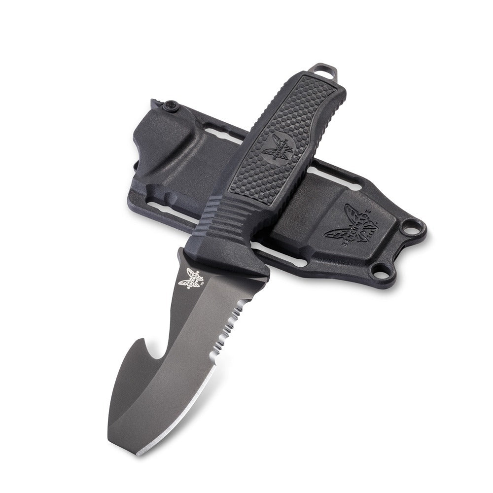 The Benchmade 112 H2O Fixed Blade dive knife was originally developed for an elite military program. A fixed black-coated blade with blunt tip and integrated rescue hook, this knife features N680 ultra stainless steel, a special application steel for when corrosion resistance is the primary requirement. www.defenceqstore.com.au