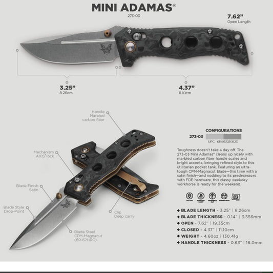 Toughness doesn’t take a day off. The 273-03 Mini Adamas®️ cleans up nicely with marbled carbon fibre&nbsp;handle scales and bright accents, bringing refined style to this utilitarian pocket tank. Featuring an ultra-tough CPM-Magnacut️ blade—this time with a satin finish—and nodding to its predecessors with FDE hardware, this classy weekday workhorse is ready for the weekend. www.defenceqstore.com.au