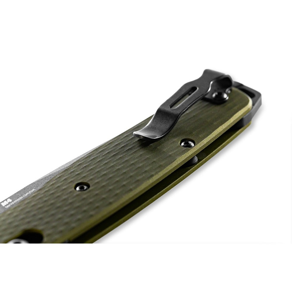 Upgrade your folding knife game with the powerful 537GY-1 Bailout. Boasting a slim profile but built with strong CPM-M4 steel and woodland green aluminum handles, this knife is the ultimate lightweight powerhouse. Plus, the carbide glass breaker on the pommel adds an extra layer of versatility. www.defenceqstore.com.au