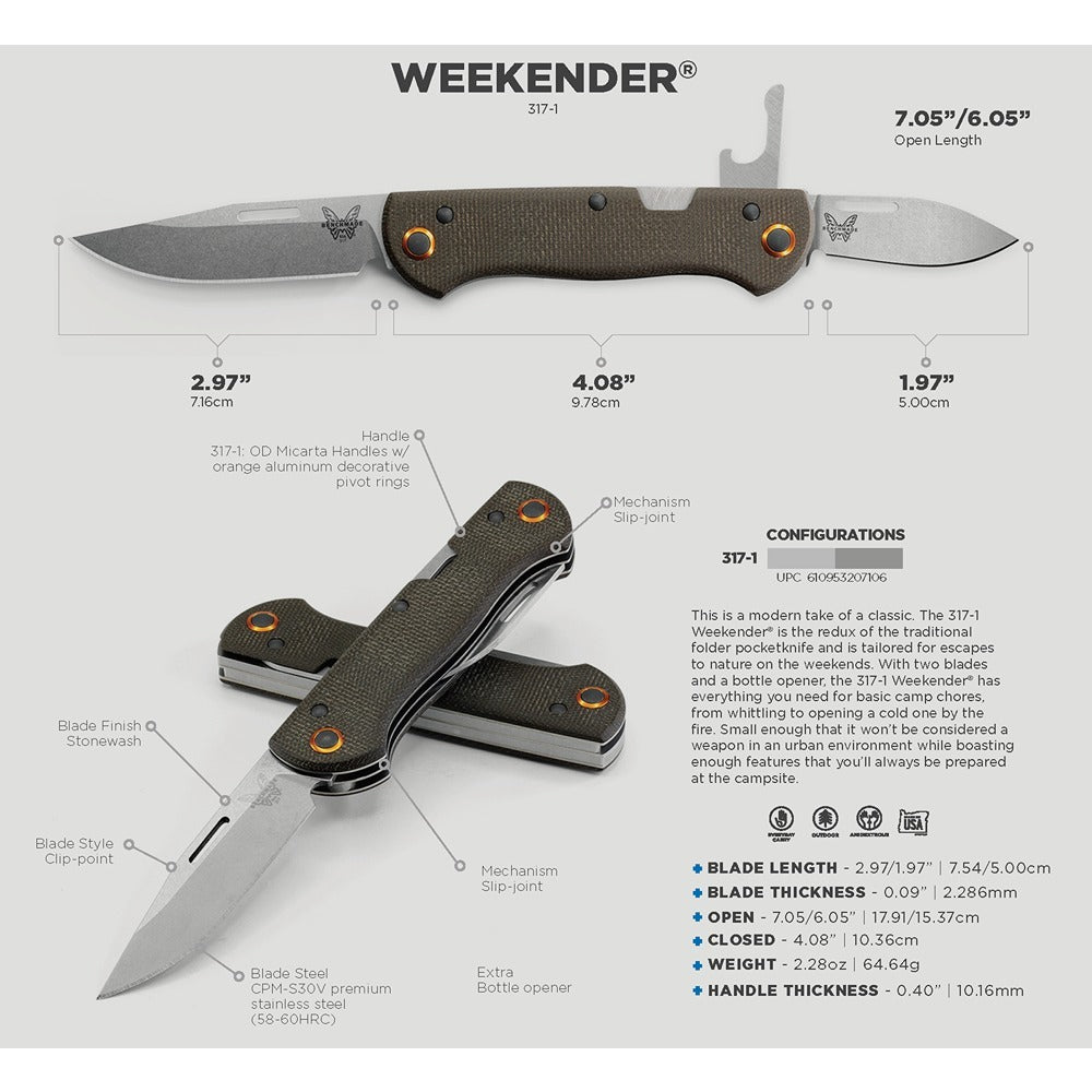 With two blades and a bottle opener, the 317 Weekender has everything you need for basic camp chores, from whittling to opening a cold one by the fire. Small enough that it won’t be considered a weapon in an urban environment while boasting enough features that you’ll always be prepared at the campsite. www.defenceqstore.com.au