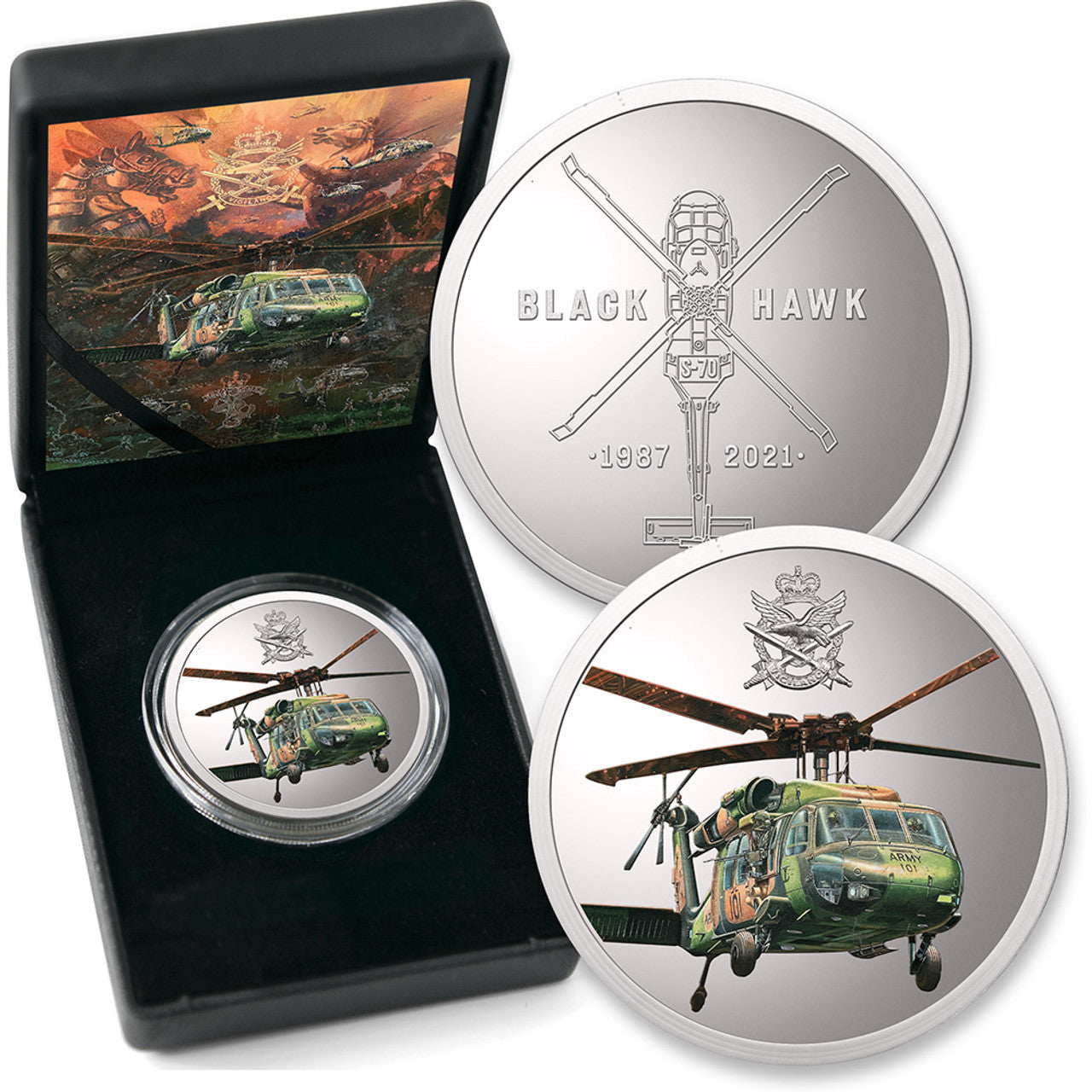 Introducing the Black Hawk End of Service Medallion - a proof-quality masterpiece that brings the iconic S-70A-9 Black Hawk to life. This limited-edition medallion is a must-have for aviation enthusiasts and collectors alike, offering a unique opportunity to commemorate the end of service for this sensational aircraft. www.defenceqstore.com.au