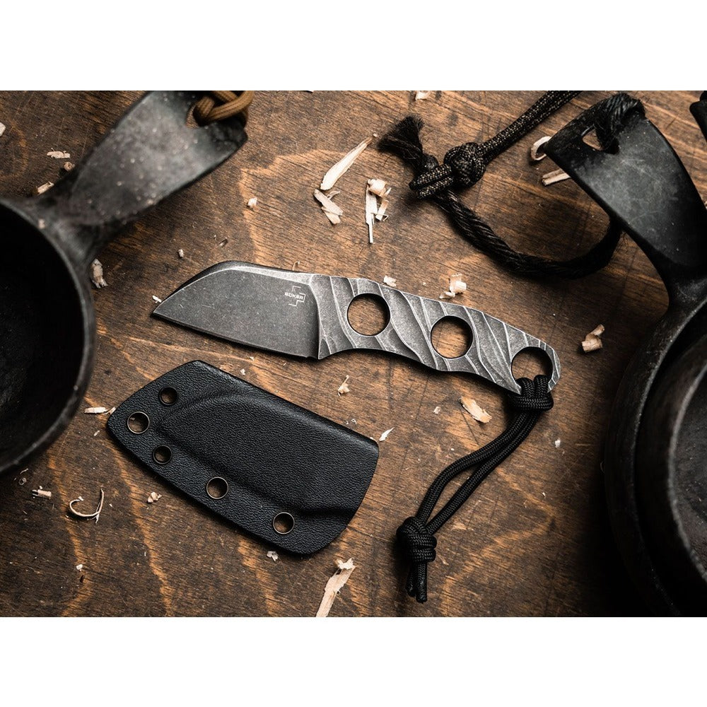 The Boker Plus Kazhan designed by Alexander Krava is a handy neck knife with a short sheepfoot blade that is ideal as a backup knife for everyday use due to its light weight. The young knifemaker from Lviv, Ukraine, places particular emphasis on the aesthetics of his designs, which are convincing not only as reliable tools but also as high quality accessories. The skeletonised Kazhan is made of D2 with a dark stonewash finish. www.defenceqstore.com.au