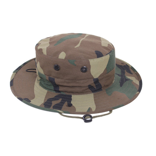 Rothco Adjustable Boonie Hat Woodland Camo Military Style Cap Offers Unbeatable Sun Protection, While Four Screened Side Vents On The Boonie Cap Offer Optimal Cooling Airflow, A Necessity For Outdoor Missions Military Hat Is Made With A Comfortable, Durable, And Breathable Cotton / Poly Blend Elastic Cord And Lock Cinches At The Crown Of This Boonie Hat, Letting You Adjust The Head Size To The Perfect Fit www.defenceqstore.com.au