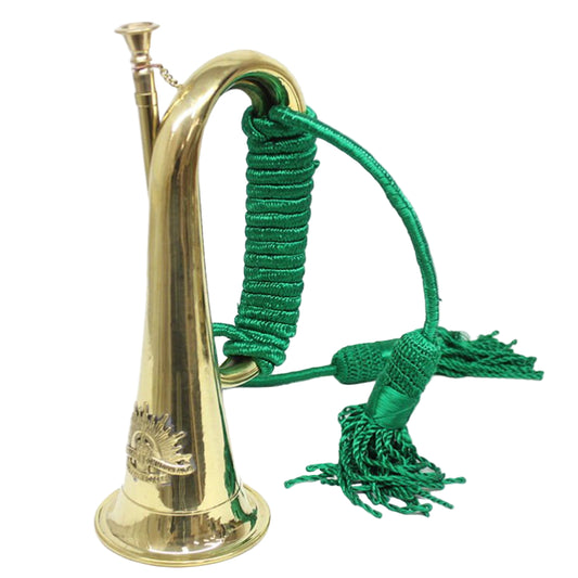 This handcrafted copper bugle features the World War II-style Rising Sun badge and is finished with a green rope. Although some users may achieve an acceptable sound, it is primarily intended as a decorative piece. www.defenceqstore.com.au