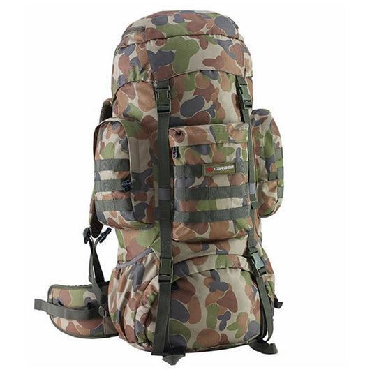 The Caribee Platoon is a military inspired 70L Auscam rucksack designed for hiking, camping and outdoor adventures. Built to last the toughest conditions this rucksack is constructed using HD 900D materials with reinforced load points. Three external pockets with molle fixings maximise your storage capability and speed to access to popular smaller items. A rugged AFS fixed harness system minimises possible failure points whilst providing great support for your adventure. www.defenceqstore.com.au