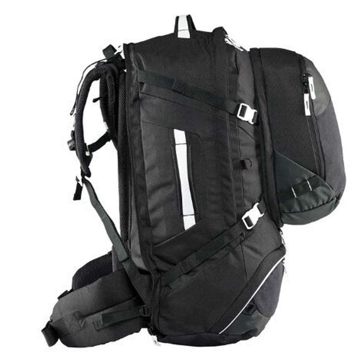 Premium quality travel pack series (65L and 75L sizes available) Detachable zip off style multi-functional daypack is great for day trips or carry-on use Easy to adjust Vantage harness with internal aluminium frame provides great&nbsp;back support and assists load distribution Sternum strap and padded hip belt with lumbar support Concealable harness cover protects the Vantage back system during air/land/sea transit Heavy duty water resistant base panels www.defenceqstore.com.au