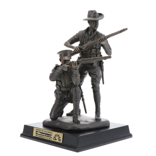 The beautiful 2015 release Sands of Gallipoli Their Spirit Gallipoli Centenary Bronze Figurine, shares the spirit of Gallipoli with this amazingly detailed Limited Edition cold cast bronze figurine. Standing 240mm with a glass vial of actual sands collected from the landing beaches at Gallipoli set into the timber base, this is an heirloom to be treasured through the ages. Only 5,000 available worldwide. www.defenceqstore.com.au