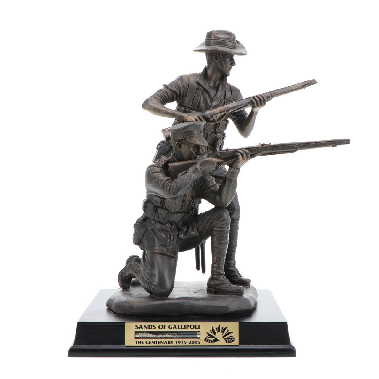 The beautiful 2015 release Sands of Gallipoli Their Spirit Gallipoli Centenary Bronze Figurine, shares the spirit of Gallipoli with this amazingly detailed Limited Edition cold cast bronze figurine. Standing 240mm with a glass vial of actual sands collected from the landing beaches at Gallipoli set into the timber base, this is an heirloom to be treasured through the ages. Only 5,000 available worldwide. www.defenceqstore.com.au