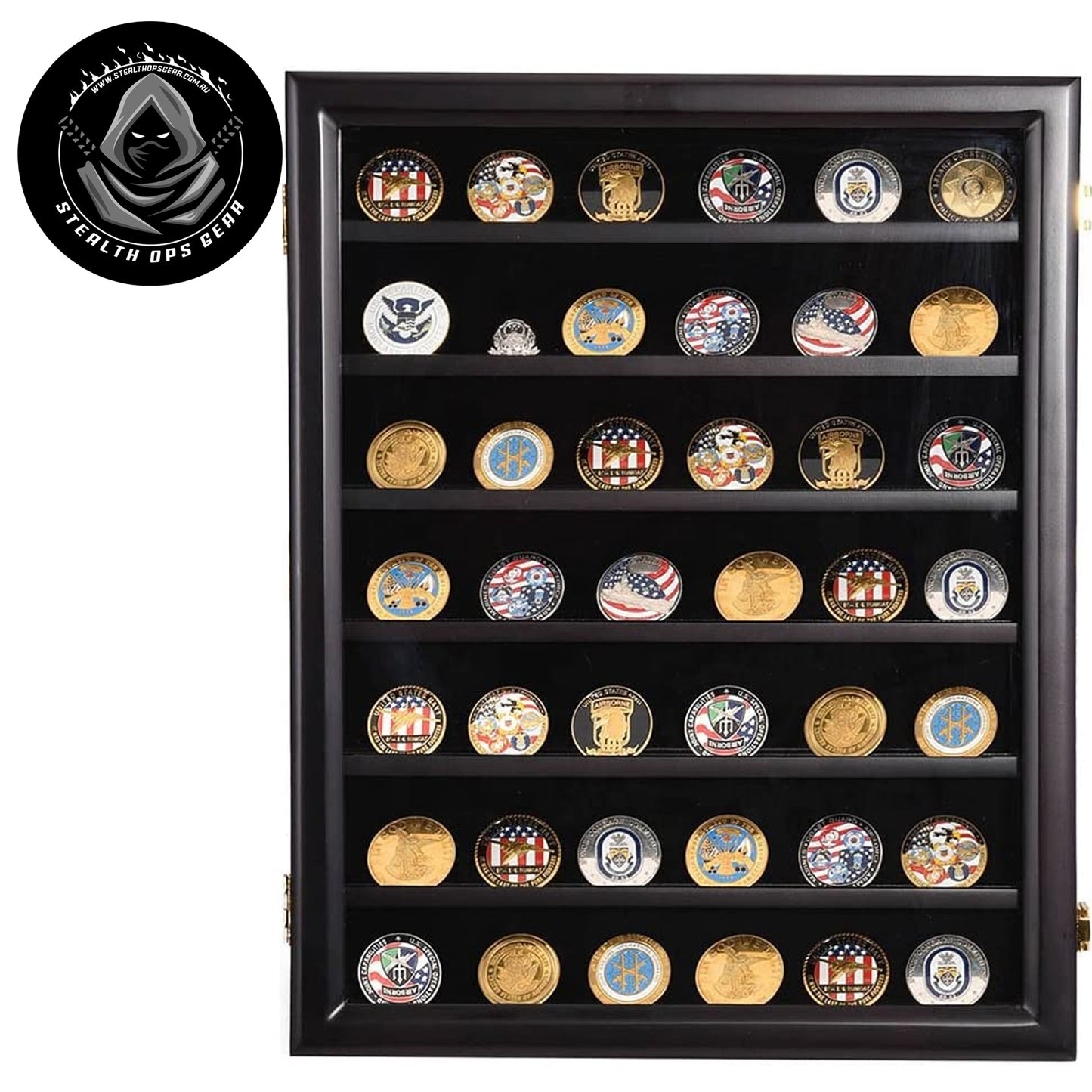 Display your prized challenge coin collection with the elegance it deserves. This premium Challenge Coin Display Case from Stealth Ops Gear features seven velvet-backed levels that showcase up to 49 coins in stunning detail. www.defenceqstore.com.au