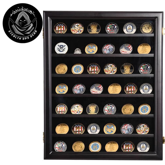 Display your prized challenge coin collection with the elegance it deserves. This premium Challenge Coin Display Case from Stealth Ops Gear features seven velvet-backed levels that showcase up to 49 coins in stunning detail. www.defenceqstore.com.au